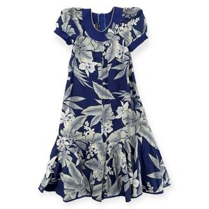 Vintage Carol Bennett Muumuu Hawaiian Dress Womens Petite Blue Floral Ruffle
